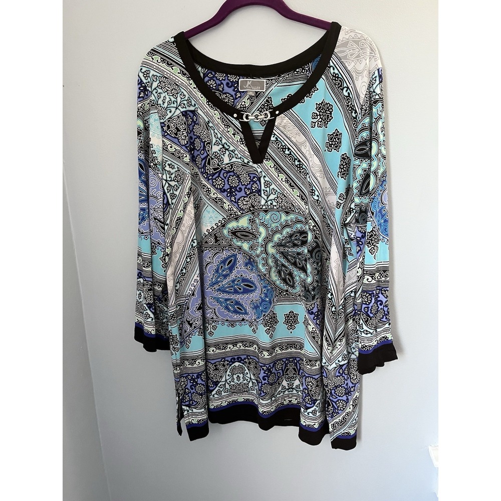 JM Collection Women's Paisley Blue Top Multicolor Polyester‎ Spandex 3/4 Size 2X